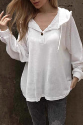 Waffle-Knit Long Sleeve Hooded T-Shirt White OutfitFlow